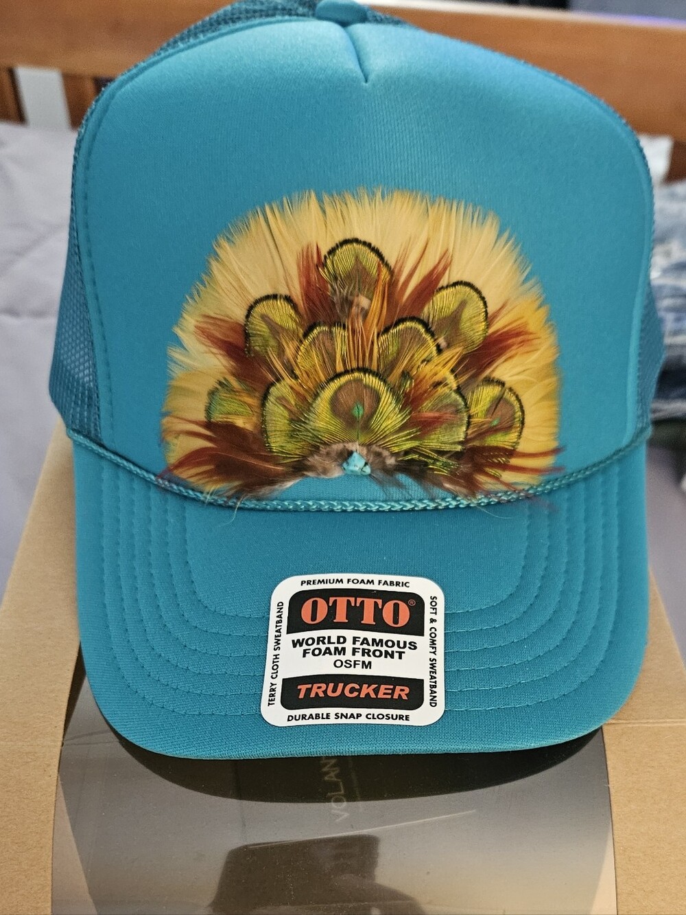 OTTO Teal Trucker Hat with Colorful Feather Accent